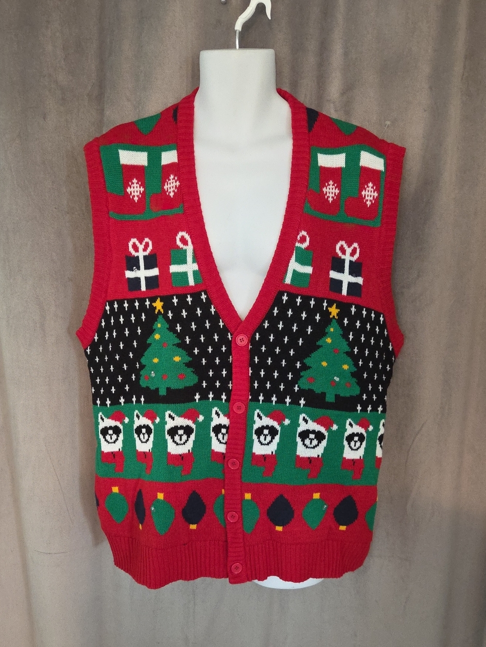 George XL Red Holiday Knit Cardigan Vest with Green & Black Accents